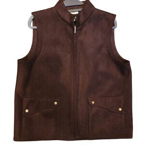 NEW VINTAGE Talbots Petite Brown Faux Suede Zip Vest Gold Snap Button Pockets